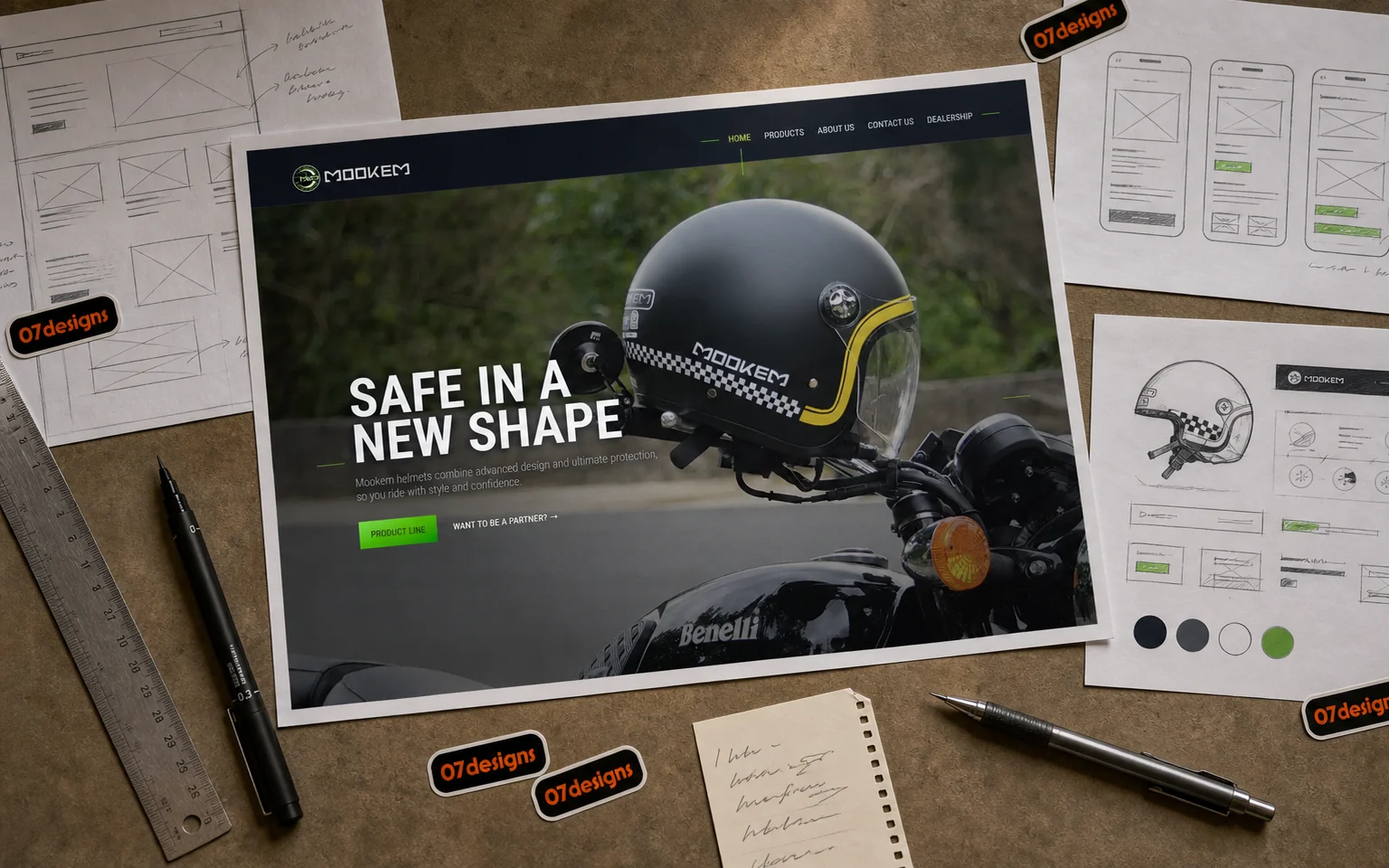 Mookem website design sheets, wireframes, pens, and 07designs stickers arranged on a worktable