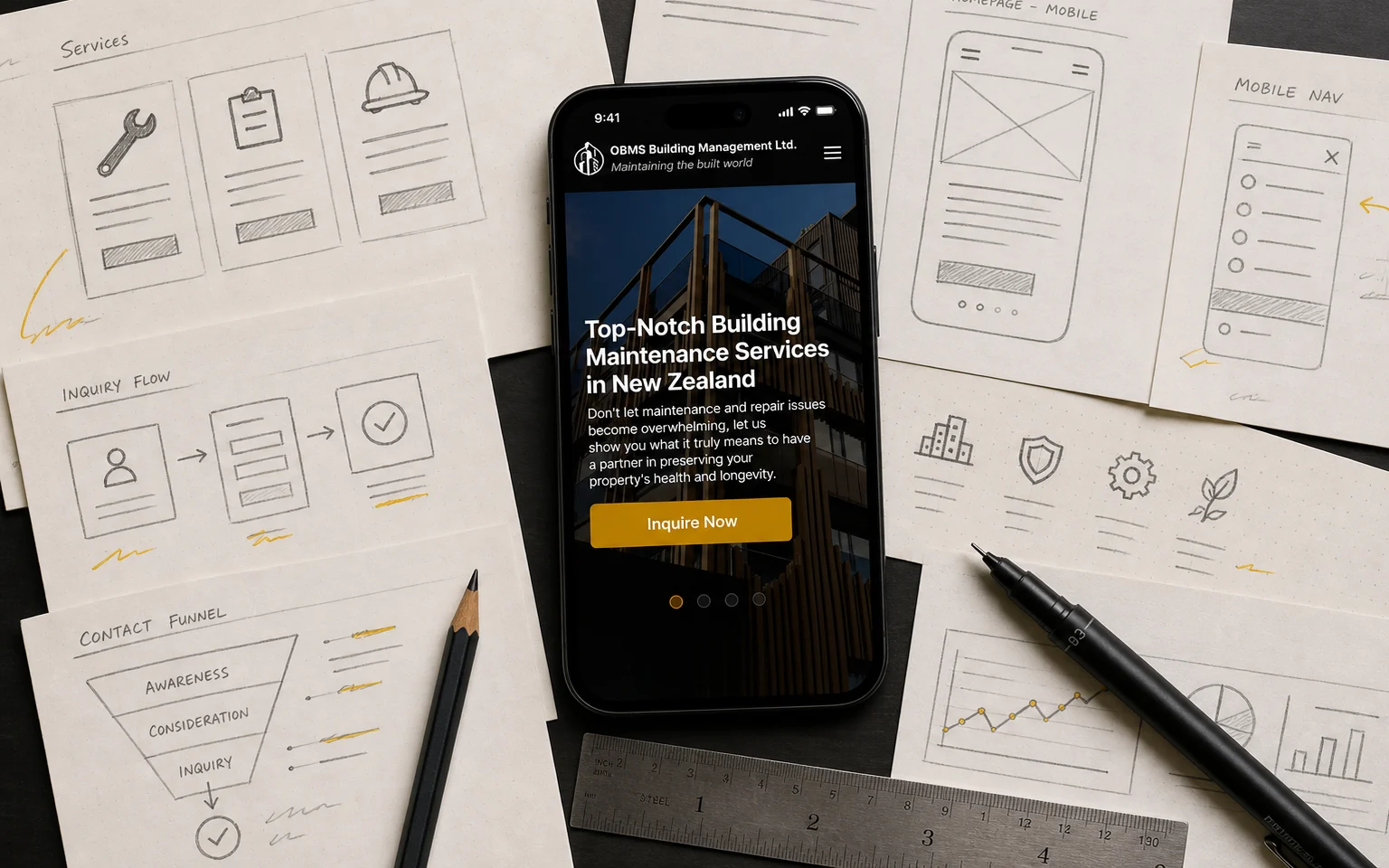 OBMS website displayed on a phone among service, inquiry-flow, and analytics sketches